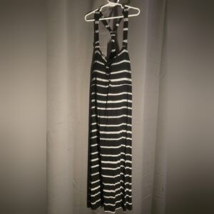 Black and White Striped Halter Maxi Dress